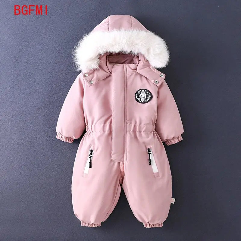 Children Winter Overalls Waterproof Hooded Girl Down Jacket Baby Boy Warm Jumpsuit Toddler Girl Faux Fur Ski Suit Kids Snowsuit