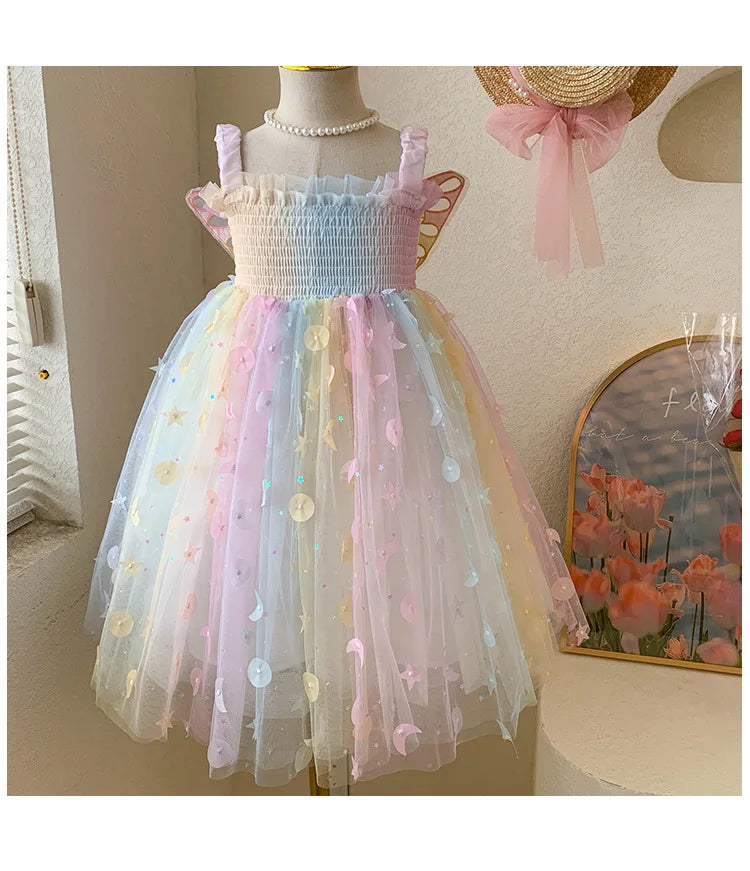 Children Summer Spaghetti Strap Bow Soft Tulle Dress Girls Mesh Puffy Dress Breathable Comfortable Baby Dress Party Outfit Kids