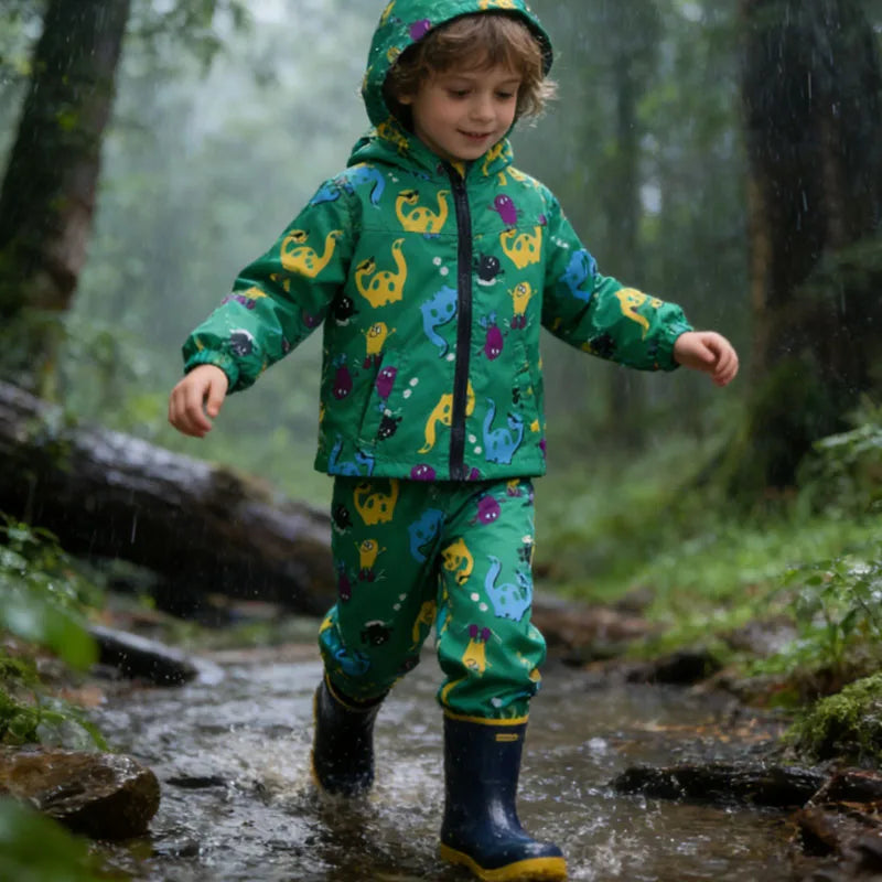 Capa de Chuva Infantil com Dinossauro | Conjunto Casaco + Calças