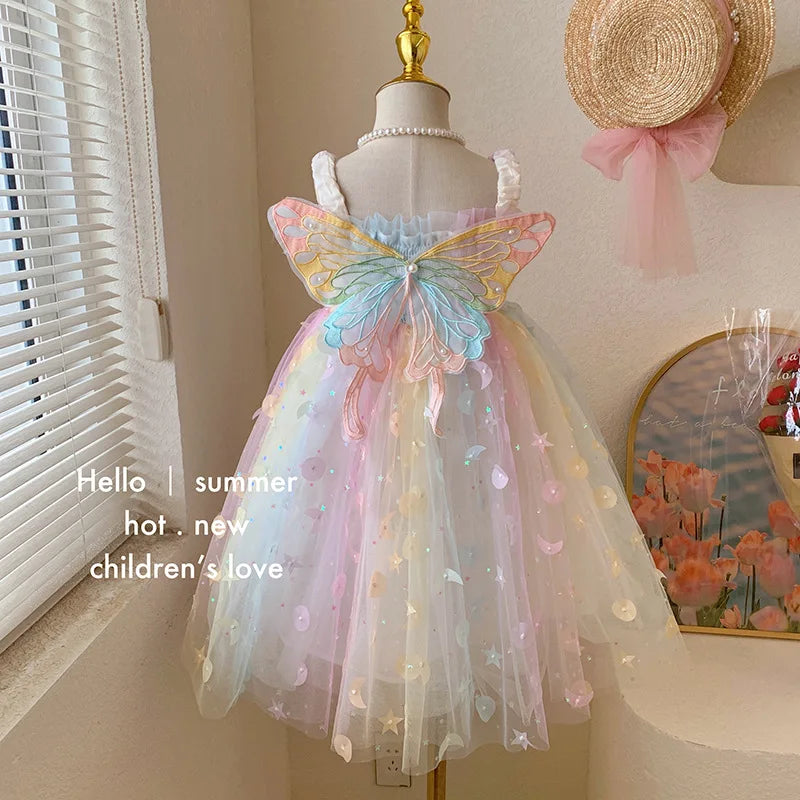 Children Summer Spaghetti Strap Bow Soft Tulle Dress Girls Mesh Puffy Dress Breathable Comfortable Baby Dress Party Outfit Kids