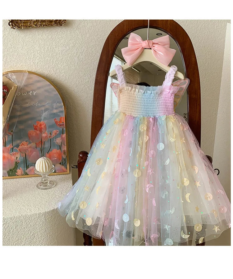 Children Summer Spaghetti Strap Bow Soft Tulle Dress Girls Mesh Puffy Dress Breathable Comfortable Baby Dress Party Outfit Kids