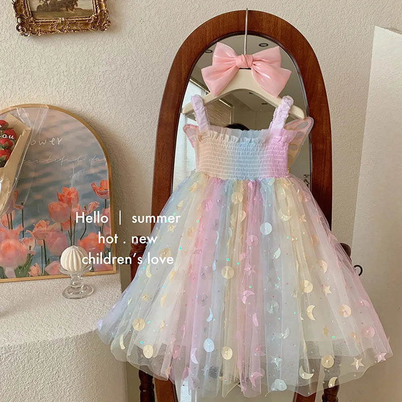 Children Summer Spaghetti Strap Bow Soft Tulle Dress Girls Mesh Puffy Dress Breathable Comfortable Baby Dress Party Outfit Kids