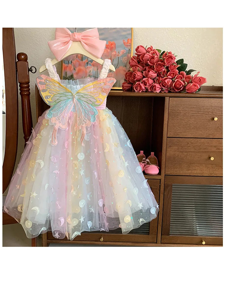 Children Summer Spaghetti Strap Bow Soft Tulle Dress Girls Mesh Puffy Dress Breathable Comfortable Baby Dress Party Outfit Kids
