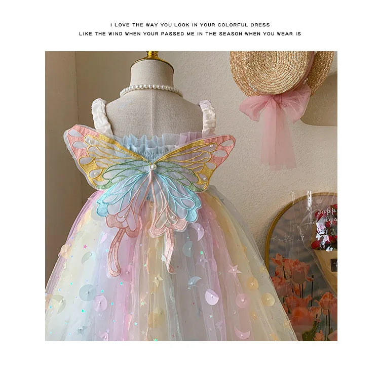 Children Summer Spaghetti Strap Bow Soft Tulle Dress Girls Mesh Puffy Dress Breathable Comfortable Baby Dress Party Outfit Kids