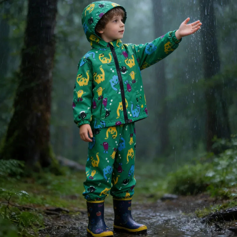 Capa de Chuva Infantil com Dinossauro | Conjunto Casaco + Calças