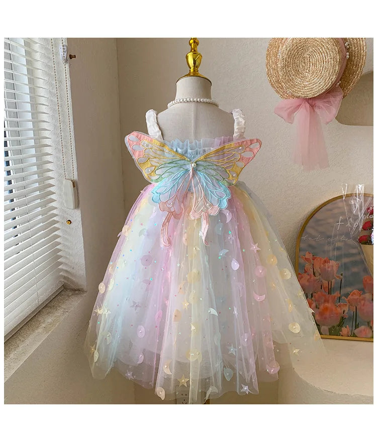 Children Summer Spaghetti Strap Bow Soft Tulle Dress Girls Mesh Puffy Dress Breathable Comfortable Baby Dress Party Outfit Kids