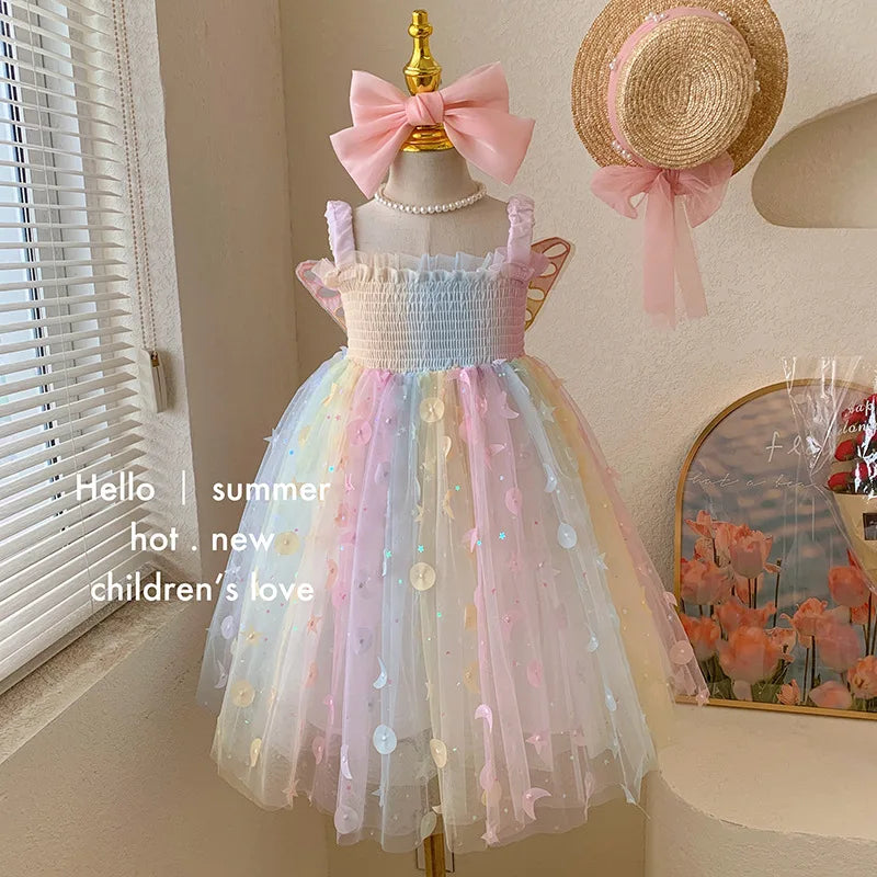 Children Summer Spaghetti Strap Bow Soft Tulle Dress Girls Mesh Puffy Dress Breathable Comfortable Baby Dress Party Outfit Kids