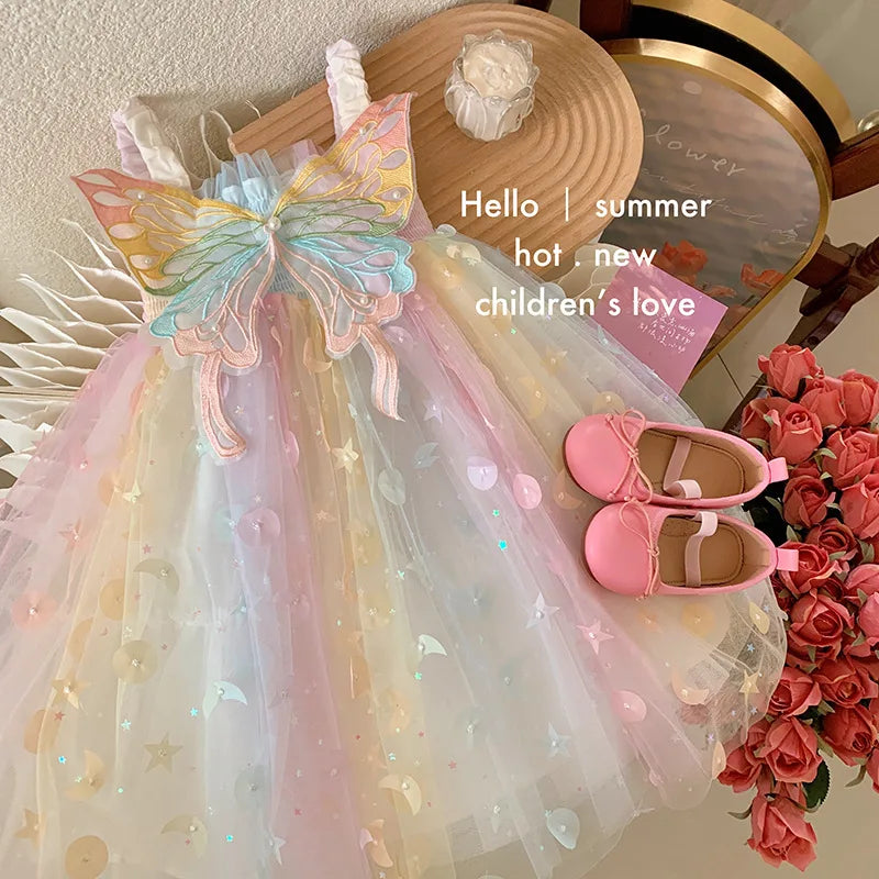 Children Summer Spaghetti Strap Bow Soft Tulle Dress Girls Mesh Puffy Dress Breathable Comfortable Baby Dress Party Outfit Kids
