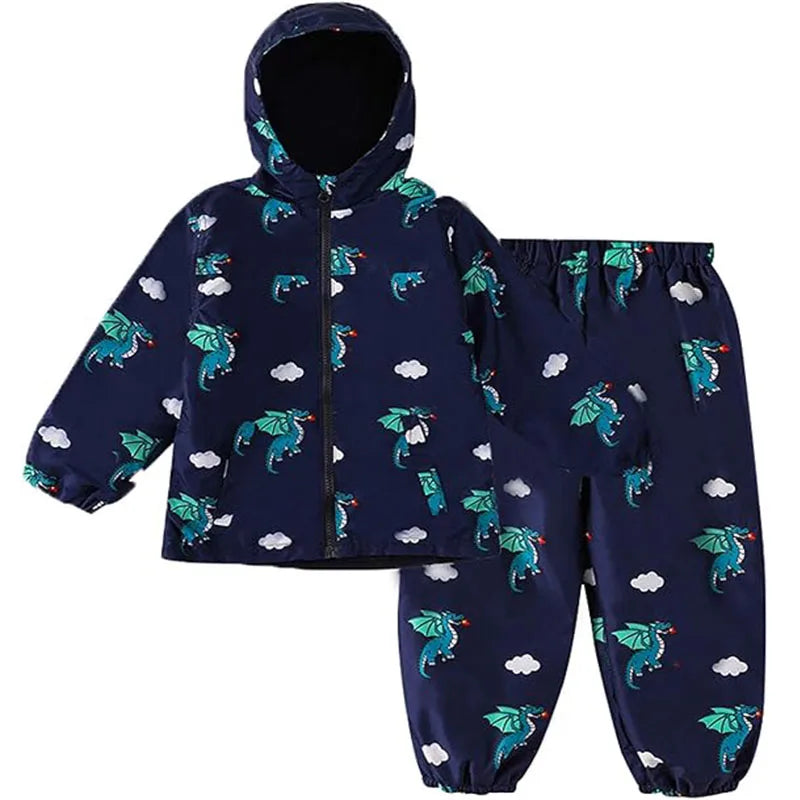 Capa de Chuva Infantil com Dinossauro | Conjunto Casaco + Calças