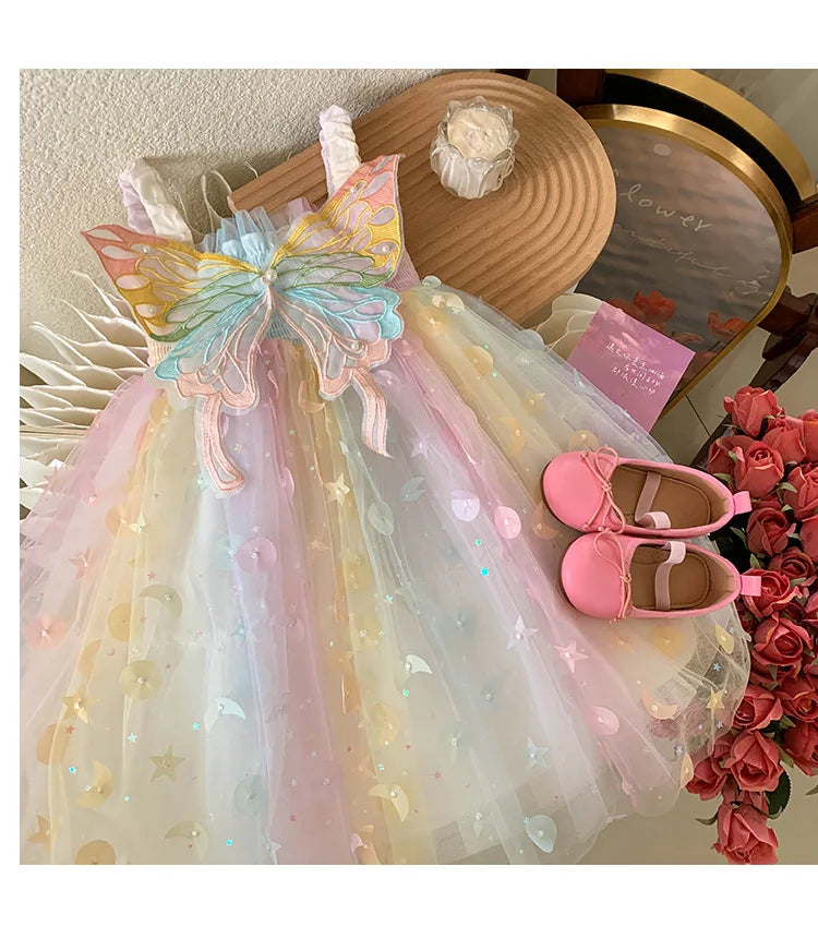 Children Summer Spaghetti Strap Bow Soft Tulle Dress Girls Mesh Puffy Dress Breathable Comfortable Baby Dress Party Outfit Kids