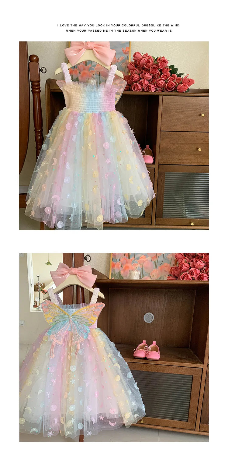 Children Summer Spaghetti Strap Bow Soft Tulle Dress Girls Mesh Puffy Dress Breathable Comfortable Baby Dress Party Outfit Kids