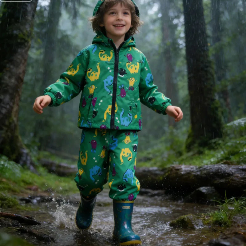 Capa de Chuva Infantil com Dinossauro | Conjunto Casaco + Calças
