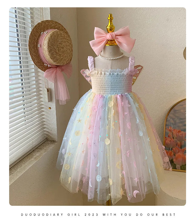 Children Summer Spaghetti Strap Bow Soft Tulle Dress Girls Mesh Puffy Dress Breathable Comfortable Baby Dress Party Outfit Kids