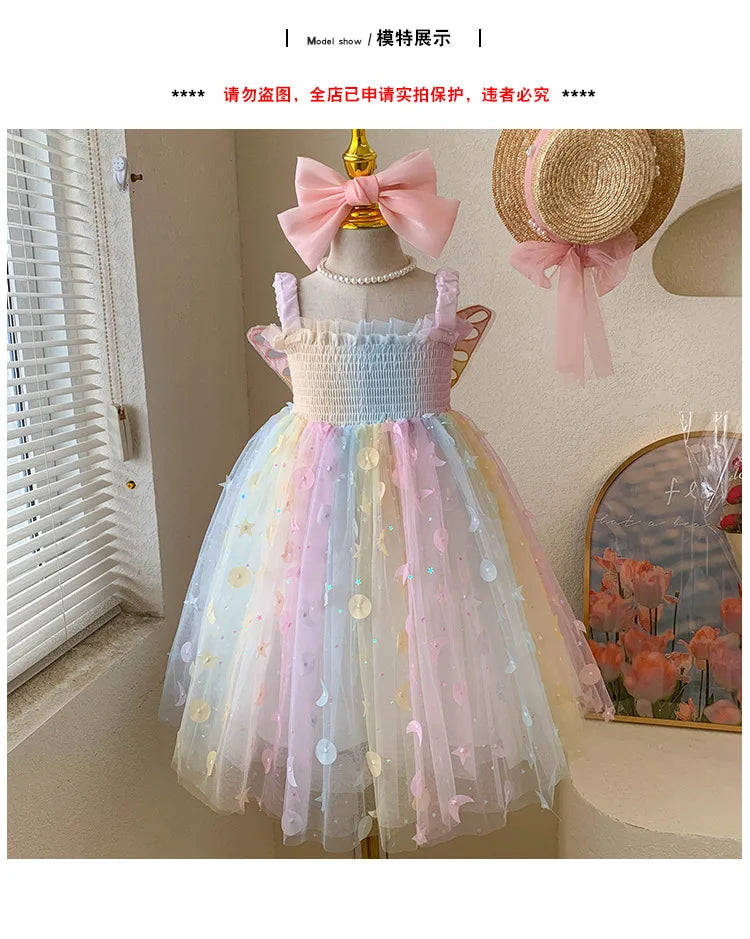 Children Summer Spaghetti Strap Bow Soft Tulle Dress Girls Mesh Puffy Dress Breathable Comfortable Baby Dress Party Outfit Kids