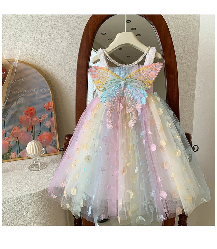 Children Summer Spaghetti Strap Bow Soft Tulle Dress Girls Mesh Puffy Dress Breathable Comfortable Baby Dress Party Outfit Kids