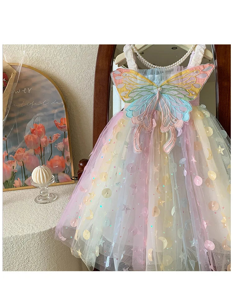 Children Summer Spaghetti Strap Bow Soft Tulle Dress Girls Mesh Puffy Dress Breathable Comfortable Baby Dress Party Outfit Kids