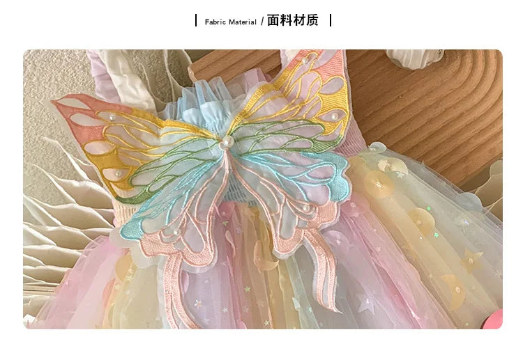 Children Summer Spaghetti Strap Bow Soft Tulle Dress Girls Mesh Puffy Dress Breathable Comfortable Baby Dress Party Outfit Kids