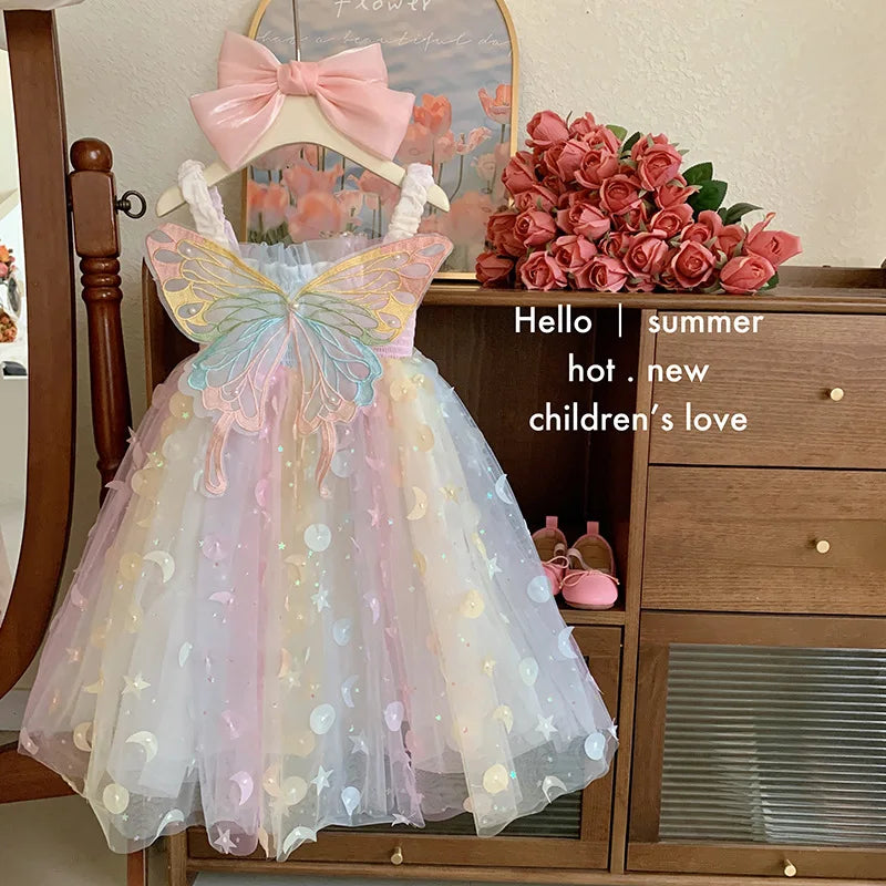 Children Summer Spaghetti Strap Bow Soft Tulle Dress Girls Mesh Puffy Dress Breathable Comfortable Baby Dress Party Outfit Kids
